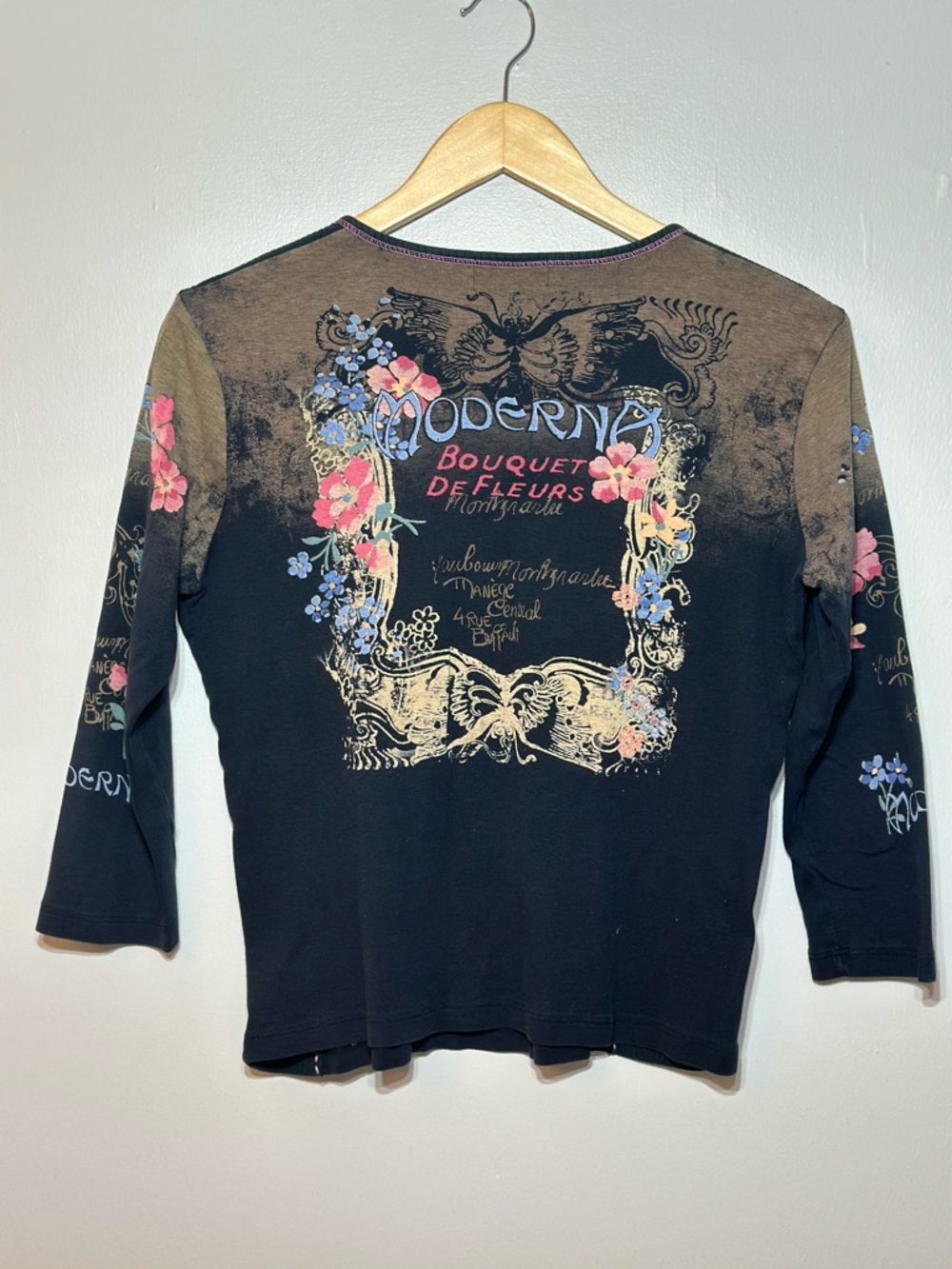 Vanilla Sugar Vintage Y2K Black 3/4 Long Sleeve Top pink black gem detail size M - Picture 2 of 7